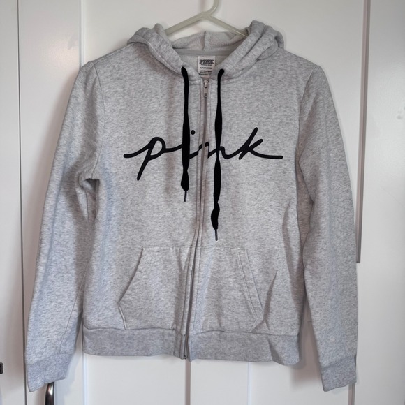 PINK Victoria's Secret Tops - PINK Victoria's‎ Secret Full Zip Gray Hoodie Women's Size Small Cotton Blend